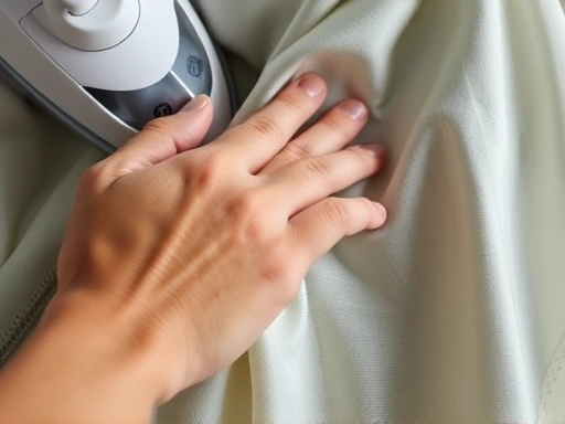 Close-up of a hand gently steaming a silk scarf, showing the steam iron and the fabric texture, focus on delicate care.