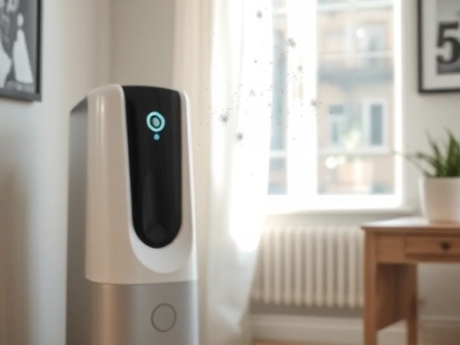 A close-up shot of a modern air purifier operating in a corner of a well-lit studio apartment, with sunlight highlighting dust particles in the air, symbolizing effective indoor air quality management.