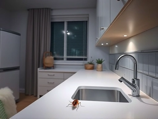 A clean, modern studio apartment kitchen at night, a small, subtle cockroach visible near a sink, implying the problem. Emphasize cleanliness and a hidden pest, natural lighting.