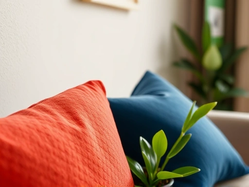 Close-up on decorative elements in a studio apartment, showing a thoughtfully selected color combination of a soft neutral wall, a vibrant accent cushion, and a small green plant, highlighting texture and detail.