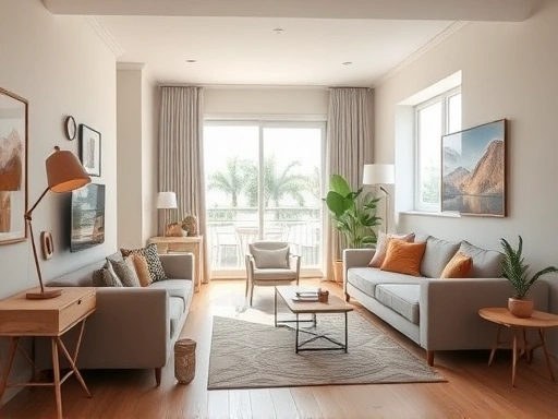 A cozy and modern studio apartment interior with a harmonious color palette, featuring natural light, comfortable furniture, and subtle accent colors, creating a spacious and inviting atmosphere.