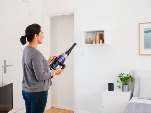 A clean, minimalist studio apartment with a person using a handheld vacuum cleaner to remove dust from a small shelf, emphasizing efficient dust management in compact living spaces.