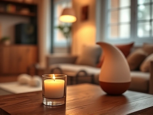 A cozy, warm studio apartment interior with a lit scented candle on a wooden table, soft lighting, and a modern reed diffuser visible in the background, creating an inviting and peaceful atmosphere. Focus on warm colors and soft textures.
