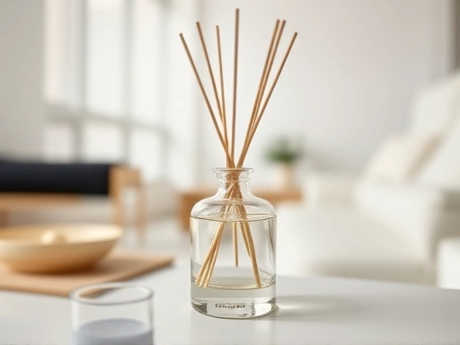 A close-up shot of a elegant glass diffuser bottle with natural reed sticks, subtly releasing fragrance, placed on a minimalist shelf in a clean, bright studio apartment, illustrating a harmonious blend of scent and decor.