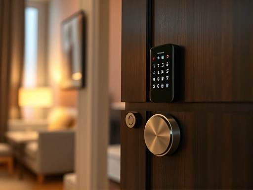 A focused shot of a modern smart door lock on a stylish apartment door, emphasizing security technology and a safe home environment, with warm, inviting lighting.
