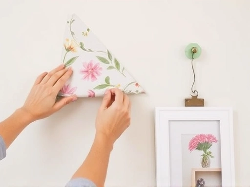 Close-up view of hands effortlessly applying a section of removable floral wallpaper to a smooth, light-colored wall, with a small command hook nearby holding a framed picture, emphasizing easy, damage-free interior updates. 