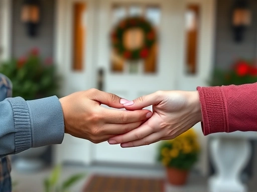 Close-up detail of hands exchanging a small, friendly gift or a shared item, with a blurred background of a welcoming home entrance, emphasizing thoughtfulness and connection. Keywords: thoughtful gestures, building rapport, neighborly kindness.