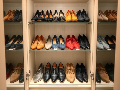 A beautifully organized shoe cabinet interior, with various types of shoes neatly arranged on clear shelves, surrounded by small sachets of deodorizers, representing cleanliness and order.