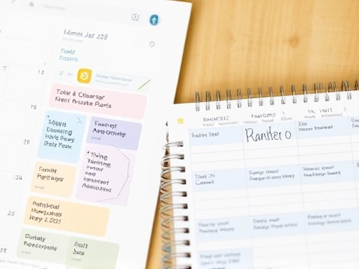 Close-up of a well-organized digital calendar and a physical planner showing time blocks for both main job tasks and side hustle projects, illustrating effective time management.