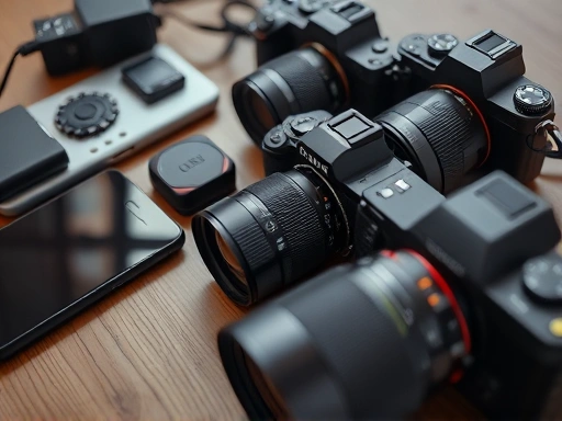 A close-up shot of different camera types (smartphone, mirrorless, DSLR, film camera) laid out on a table, highlighting the variety of tools available for the photography hobby, with a clean studio lighting.