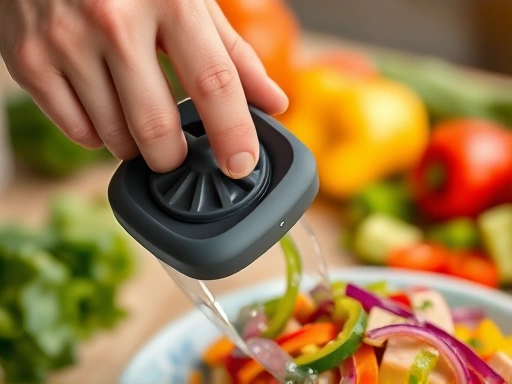 Close-up of a hand quickly and easily using a vegetable chopper to prepare bell peppers for a salad, with other prepared ingredients blurred in the background. Emphasize efficiency and ease of use in healthy salad preparation.