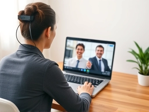 A person setting up their laptop and webcam for a video conference, with a neat background and good lighting, showing readiness and professionalism.