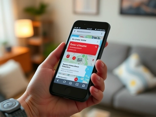 Close-up of a smartphone screen displaying a natural disaster alert or map of shelters, with a hand holding it. The background subtly shows a person at home, emphasizing digital preparedness for single-person living.