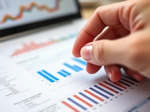 Close-up of a hand highlighting a specific data point on a complex financial report, with a laptop displaying analytical charts in the blurred background, emphasizing problem-solving and insights.