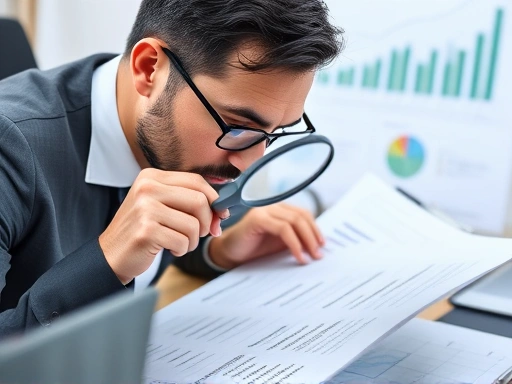 A focused accountant reviewing financial statements with a magnifying glass, showing precision and attention to detail, in a professional office setting with charts in the background.