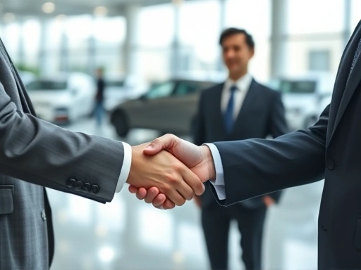 A detailed close-up shot of an interviewer and interviewee shaking hands in a sleek, modern office setting, with a subtle background blur highlighting their professionalism and the automotive industry environment.