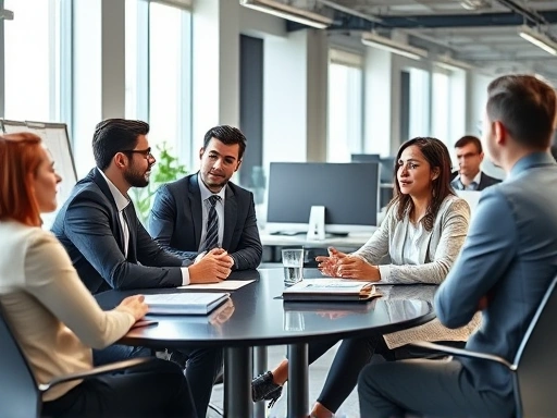 A professional business meeting scene in a modern office, showing diverse individuals engaged in an active simulation interview, demonstrating real-world scenario problem-solving and responsiveness. Focus on collaborative and dynamic atmosphere.