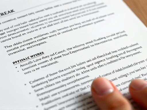 Close-up of a resume or cover letter section detailing a career break positively, with highlighted skills or achievements, professional and clean design, focus on text, subtle human hand nearby.