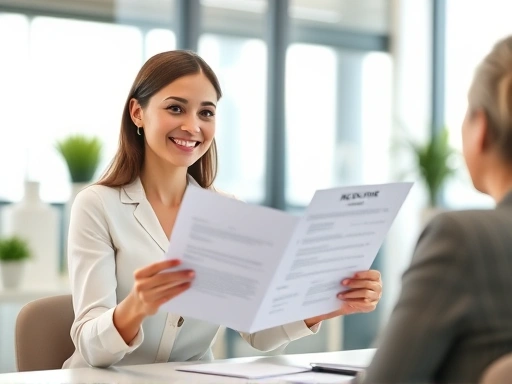 A professional woman confidently presenting her resume and smiling during a job interview, with a bright, encouraging atmosphere in an office setting, emphasizing positive career break. 