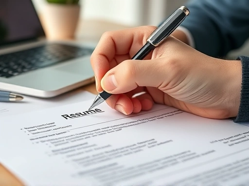 Close-up of a hand writing notes on a resume, focusing on positive framing of career break experiences, with a blurry background of a laptop and professional documents.