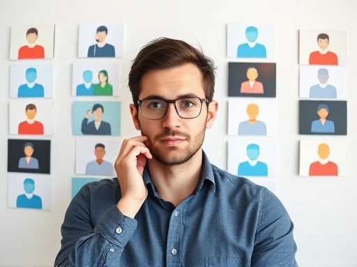 A person carefully selecting among various company profiles, representing the thoughtful process of choosing a career path and ideal workplace, with a clear focus on long-term career planning and job satisfaction, incorporating elements of personal values and company culture.