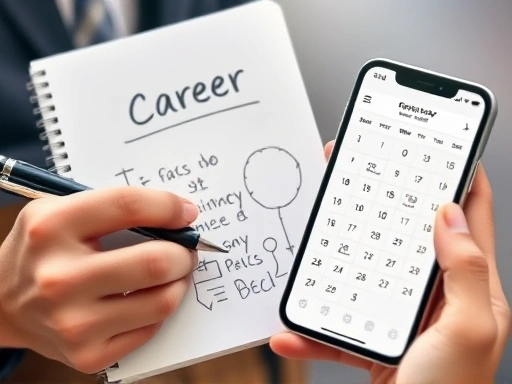 Close-up shot of hands holding a notebook with handwritten career goals and diagrams, a pen, and a smartphone displaying a calendar app with future career milestones. Focus on the details of strategic career planning.