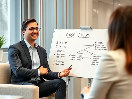 A confident candidate in a professional interview setting, explaining a complex case study solution on a whiteboard with clear logical steps and an issue tree drawn, demonstrating effective communication and analytical thinking.
