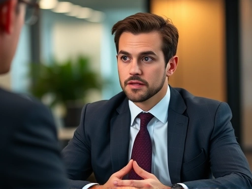 A professional male candidate in a formal suit confidently speaking during a civil service interview, with a blurred background showing an office setting. Focus on confidence and articulate expression. The candidate should be looking directly, conveying authority and trust.