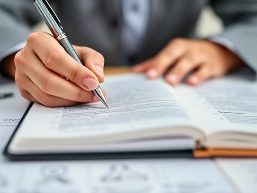 Close-up of hands holding a notebook and pen, with blurred notes on civil service interview preparation, showing detailed study and meticulous organization. The focus is on the act of diligent preparation and attention to detail for success.