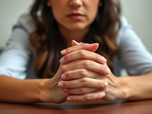 Close-up of a person's hands clasped on a table, showing calm and composed posture during an interview, subtle determined expression on face, focusing on resilience and inner strength.