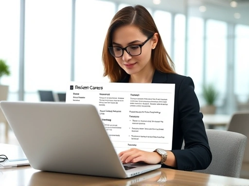 A professional woman concisely summarizing her long-term career experience on a laptop, with key achievements and skills highlighted, in a modern office setting. Focus on clear, organized information presentation.