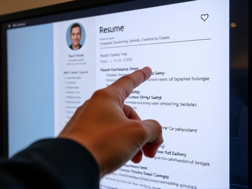 Close-up of a hand pointing to a neatly organized resume on a screen, with specific numbers and action verbs clearly visible, representing concise experience summary for a long-term professional.