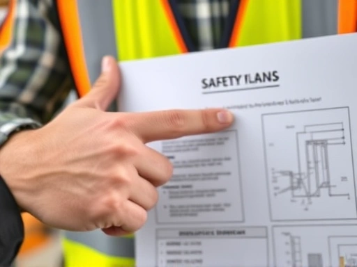 A close-up shot of a hand pointing to a specific detail on a construction safety plan, with a hard hat and safety vest blurred in the background, symbolizing practical field experience and attention to detail.