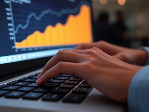 Close-up of hands typing on a keyboard, with a growth chart visible on a screen in the background, representing continuous personal and professional development.