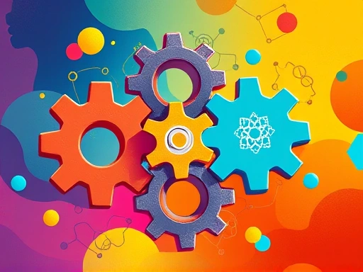 A vibrant, abstract image showing various gears or puzzles from different industries (tech, arts, finance, healthcare) interlinking and forming a cohesive, innovative structure, symbolizing convergent thinking and diverse experiences.