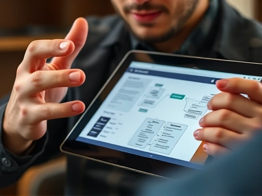 Close-up of a candidate's hands gesturing expressively while explaining a detailed project plan on a tablet screen, conveying creativity and strategic thinking. The tablet displays flowcharts or mind maps related to an entertainment concept. SEO keywords: planning skills, creative strategy, project demonstration, interview preparation.