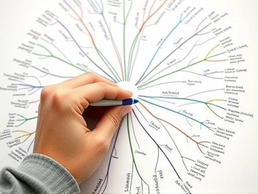 A close-up shot of a hand drawing a complex mind map with colorful pens, demonstrating the intricate process of divergent thinking and idea generation for problem-solving. 