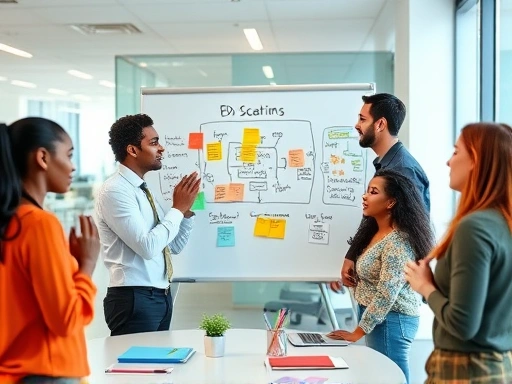 A diverse group of professionals actively brainstorming in a modern, brightly lit office, with a whiteboard full of ideas and sticky notes, illustrating collaborative creativity and problem-solving. 