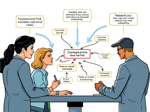 A detailed illustration of a diverse team collaborating effectively to manage a crisis, with a clear flow chart of communication and decision-making, representing experience and authority, suitable for a blog header.