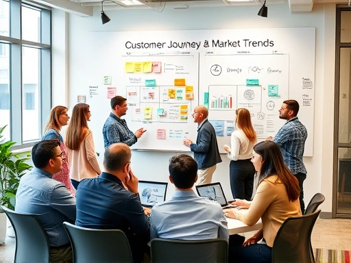 A diverse group of professionals in a modern office, engaged in a vibrant brainstorming session, using whiteboards and sticky notes to visualize customer journeys and market trends. The scene emphasizes collaboration and strategic thinking, with laptops and charts visible, integrating elements of data analysis and customer feedback.