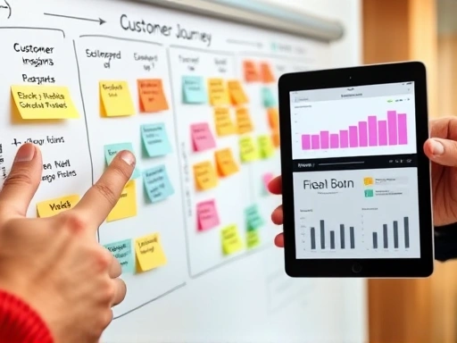 Close-up of hands pointing at a detailed customer journey map on a whiteboard, with various colored sticky notes representing different touchpoints and emotions. A hand holds a tablet displaying market analysis data in the background, showcasing the integration of customer insights with market understanding.