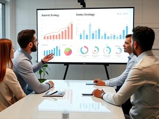 A modern professional presenting a data-driven business strategy in an office, with charts and graphs on a large screen, conveying impactful insights to diverse colleagues.