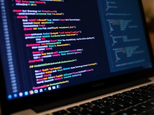 Close-up of a laptop screen displaying code with data structures like linked lists and trees, accompanied by algorithm flowcharts. Include keywords: data structures, algorithms, coding, learning, efficiency.