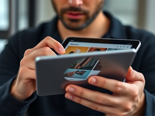 A close-up of a designer's hands presenting a portfolio on a tablet, with subtle reflections of trend-inspired UI elements and a thoughtful expression on their face. Emphasize detail and visual storytelling, highlighting professional design skills.