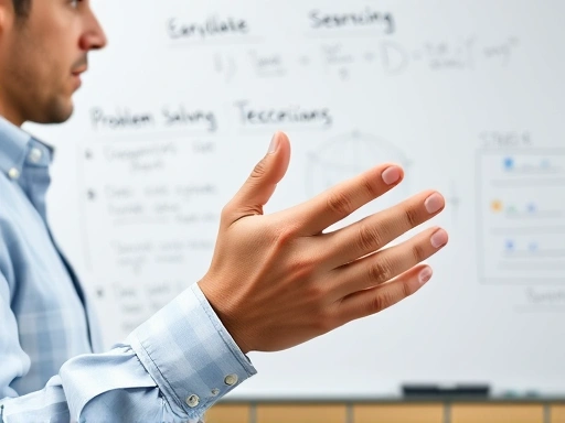 Close-up of a candidate's hands gesturing while discussing a project, with a whiteboard showing problem-solving steps and technical diagrams in the background, emphasizing expertise and clarity.