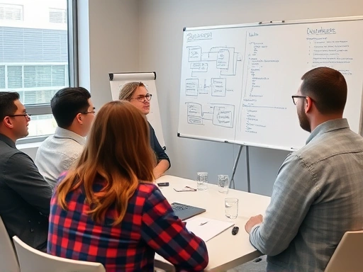 A professional setting, a diverse group of developers in an interview, one person asking questions, focus on a whiteboard with technical diagrams. Include keywords: developer, interview, technical questions, preparation.