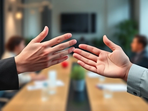 A close-up shot of two hands, one gesturing assertively while the other is open in a listening posture, with a blurred background of a modern office conference room, symbolizing the balance between expressing and receiving ideas in a discussion. Highlighting communication and empathy.