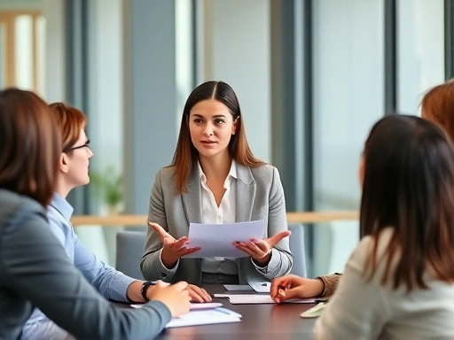 A professional woman confidently presenting her logical arguments during a discussion interview, with diverse team members actively listening and nodding, emphasizing a collaborative yet assertive atmosphere. Focus on clear communication and engaged participation.