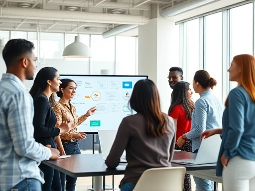 A vibrant, diverse professional team collaborates actively in a modern, brightly lit office, brainstorming ideas on a large screen with positive energy, focusing on cross-functional teamwork and communication.
