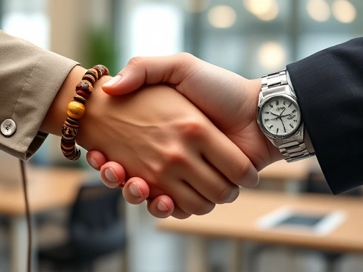 Close-up of two hands shaking, one with a traditional Asian bracelet and the other with a modern watch, symbolizing cross-cultural business collaboration and understanding, with a soft-focus office background.